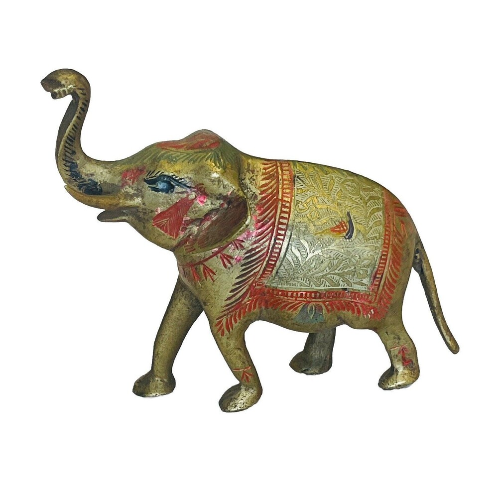 VTG Etched Brass Elephant Figurine Painted Trunk Up Heavy Boho Paper Weight 5”